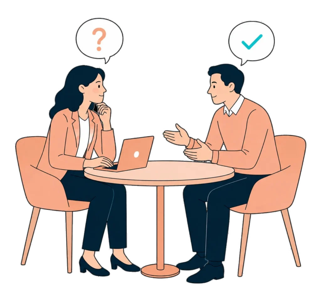 Two people in genuine two-way conversation across a table, with candidate profiles nearby